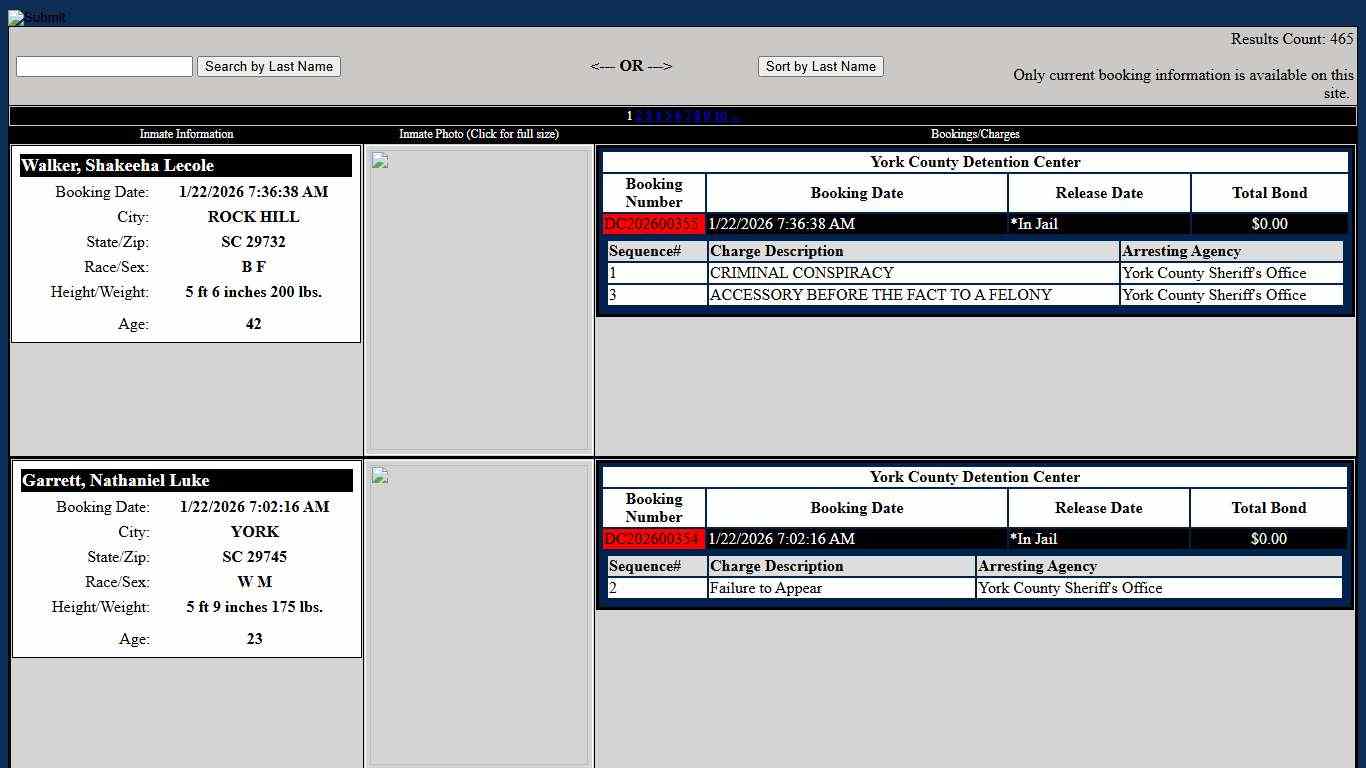 York County Detention Center Inmates